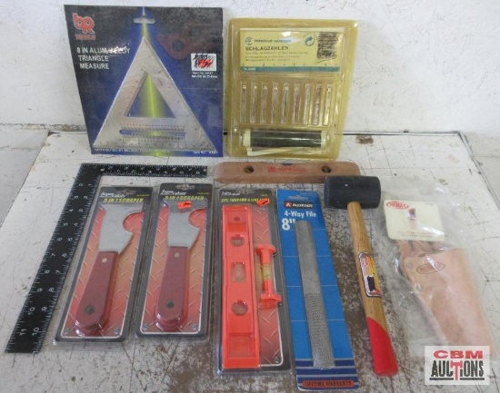 Hand Tools 5-in1 Scrapers, 2pc Torpedo & Line Level, 4 way 8" File, 8oz Rubber Mallet, Leather