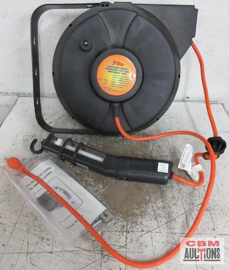 70' Heavy Duty Plastic Retractable Cord Reel w/ Angle Light - Runs