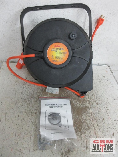 50' Heavy Duty Plastic Retractable Cord Reel w/ T-Tap -Runs