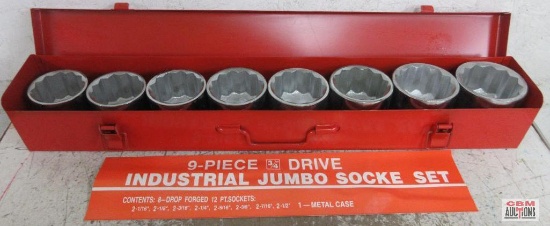 9pc Industrial Jumbo 3/4" Drive, SAE,12pt Chrome Socket Set (2-1/16" to 2-1/2") w/ Metal Storage