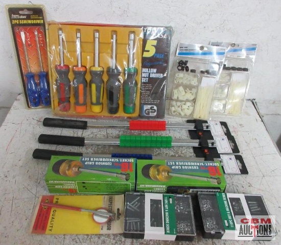 Hand Tools - 5pc Hollow Nut Driver Set, 3/8", 1/2", & 1/4" Socket Holder Rails, Screwdrivers, Wiring