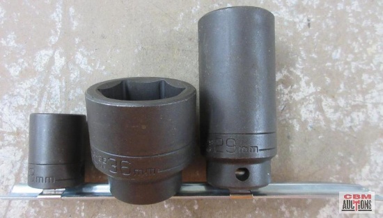 Wright 3pc 1/2" Drive 6pt, Metric Impact Socket Set w/ Storage Rail - USA 18, 29 & 36mm