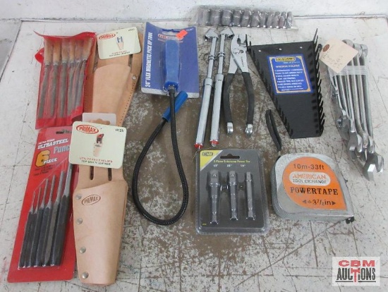Misc. Hand Tools Needle Files, 24" Flex Magnetic Pick Up Tool, Tire Gauges, Tape Measures, Wrench