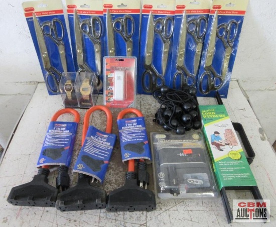2' Tri-Tap Extension Cords, Cord Winders, 2pc Scissor Sets, His & Her Watches & misc.