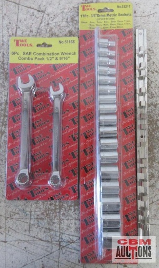 T & E Tools 17pc 3/8" Drive Metric Socket Set 6mm to 22mm) & Storage Rail 6pc SAE Combination Wrench