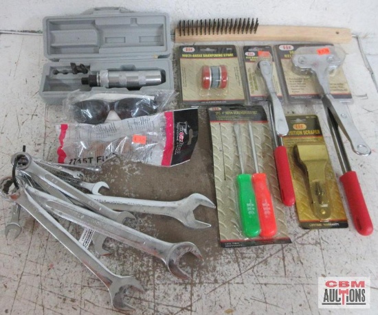 Hand Tool Assortment Safety Glasses, 3 Position Scraper, Combination Wrench Set, Screwdrivers,