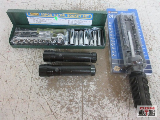 24pc Ratchet Bit Set, 22pc 1/4" Drive Metric Socket Set w/ Metal Storage Case & Flashlights