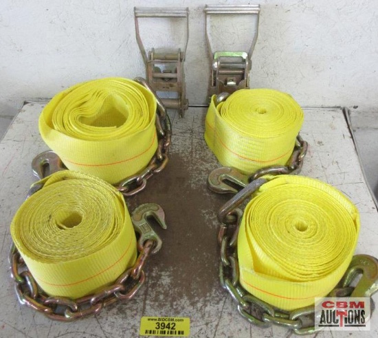 Cargo Control 4" x 25' Tie Downs w 3/8" Grab Hook, WLL: 5,400lbs - Set of 4 Ratchets - Set of 2