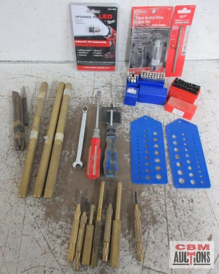 Hand Tools Drill Gauges, Brass PunchSets, Screwdrivers, Milwaukee LED Light Bulb& Drill Bit,
