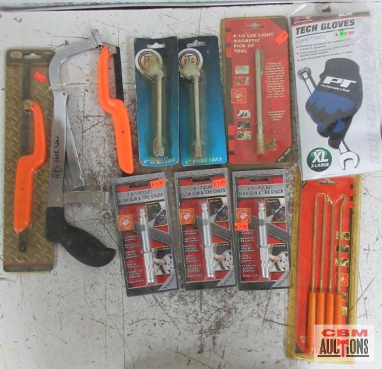 Hand Tool Assortment Hacksaws, Large Tech Gloves, 2-in-1 Pocket Blow Gun & Tire Chuck, 6-1/2" LEd