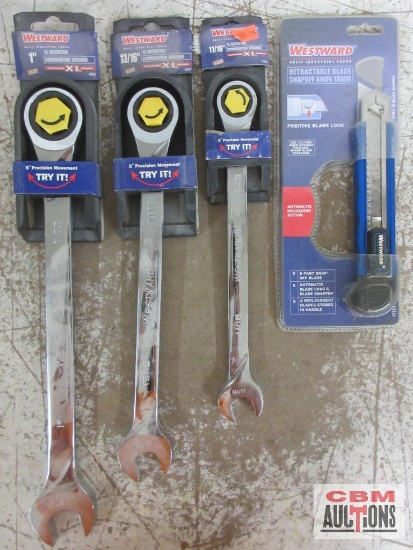 Westward 3pc XL Ratcheting Combination Wrench Set (11/16", 13/16" & 1") & Retractable Blade Snapoff