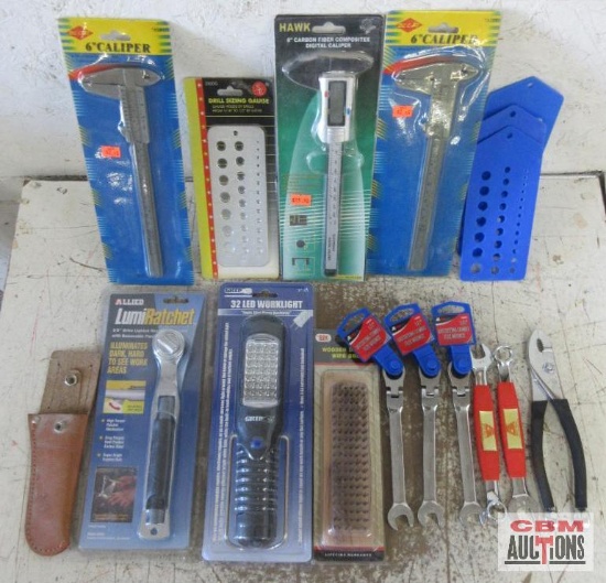 Pliwrench Pliers, 1/2" Ratcheting Flex Wrenches, 9/16" Combination Wrench Set, Wooden Block Wire