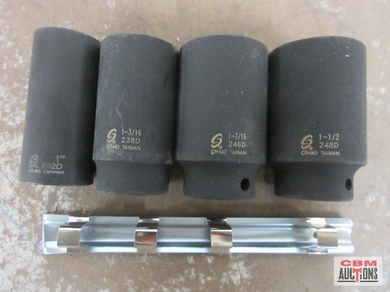 Sunex 4pc 1/2" Drive, 6pt Impact Socket Set w/ Storage Rail 1", 1-3/16", 17/16", 1-1/2"