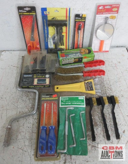 Hand Tool Assortment Wire Brushes, 3pc Offset Screwdrivers, 2pc Screwdrivers, Ice Scraper, 9pc Deep