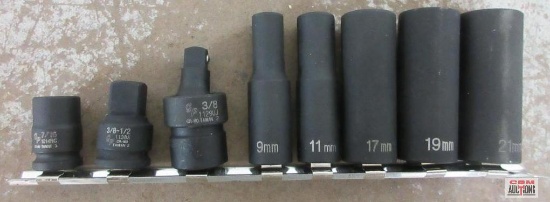 Grey Pneumatic 8pc 3/8" Drive Impact Socket Set w/ Storage Rail 9mm, 11mm, 17mm, 19mm, 21mm, 3/8"