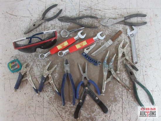 Hand Tool Assortment Safety Glasses, Combination Wrenches, Needle Nose Pliers, Locking Pliers,