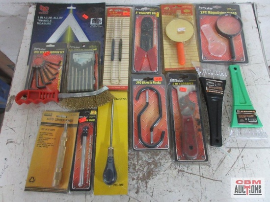 Hand Tools & Misc. Ice Scrapers, 5-n-1 Scraper, Wire Brush, 2pc Bicycle Hooks, Go Thru Scratch Awl,