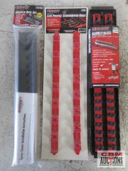 Ernst 2 Rail 3/8" Universal Twist Lock Socket Tray, Low Profile Screwdriver Rails & Wrench Rail Set