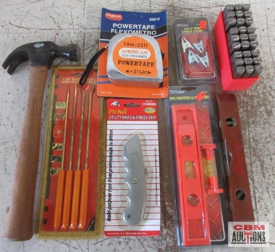 Hand Tool Assortment Wood Level, Claw Hammer, Utility Knife, 2pc Torpedo & Level Set, Tape Measure,