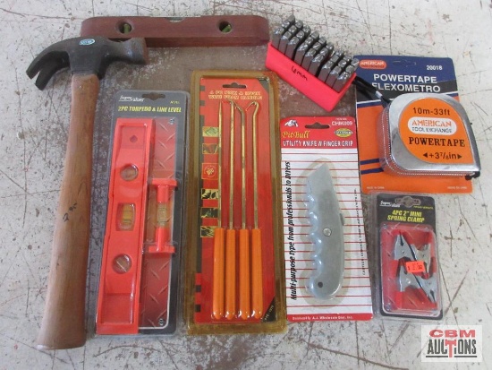 Hand Tool Assortment Wood Level, Claw Hammer, Utility Knife, 2pc Torpedo & Level Set, Tape Measure,