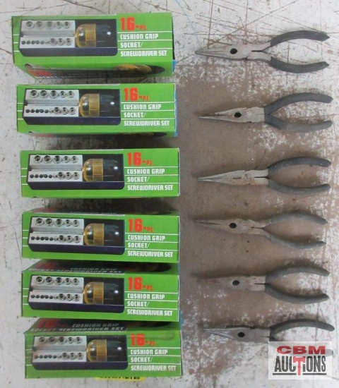 (6) Needle Nose Pliers & (6) 16pc Cushion Grip Socket/Screwdriver Sets