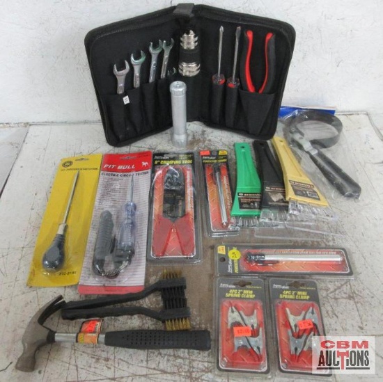 Hand Tool Assortment & Misc. Automotive Tool Kit, Hammer, Wire Brushes, Spring Clamps, Pencil Tire