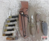 2 Leather Sheaths , 2 Boot Knifes & 6 Pocket Knives