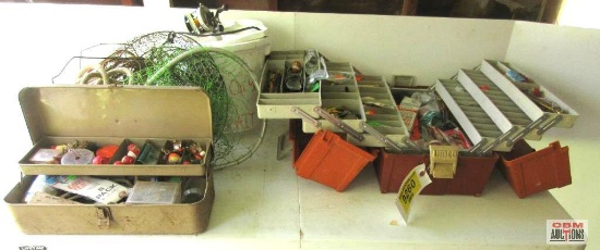 Assorted Fishing Tackle, Boxes, Net and Wire Baskets