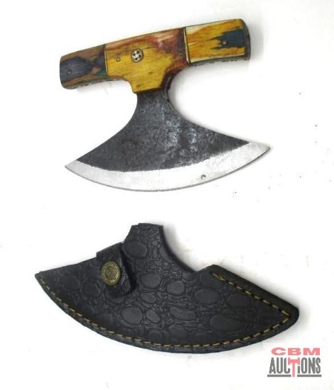 Damascus Double-Edge Ulu Knife With Leather Sheath