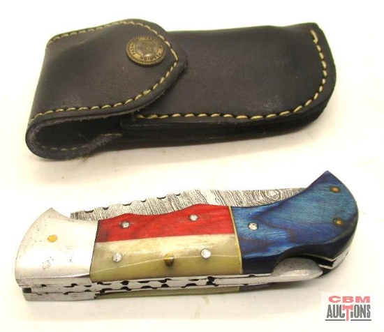 Damascus Steel Folding Pocket Knife With Leather Sheath
