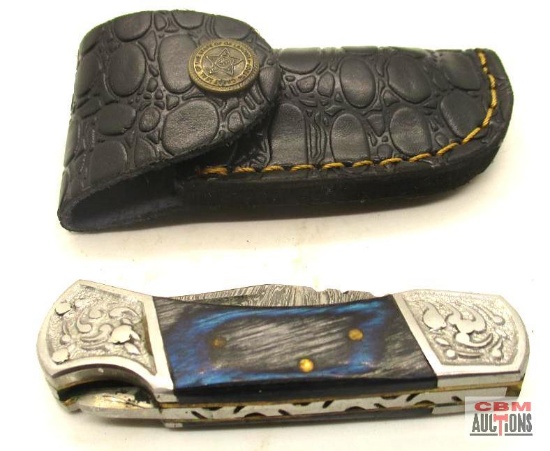 Damascus Steel Folding Pocket Knife With Leather Sheath