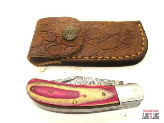 Damascus Steel Folding Pocket Knife With Leather Sheath