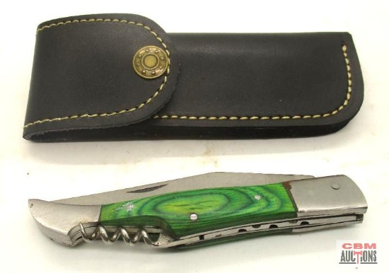 Damascus Steel Folding Pocket Knife With Leather Sheath