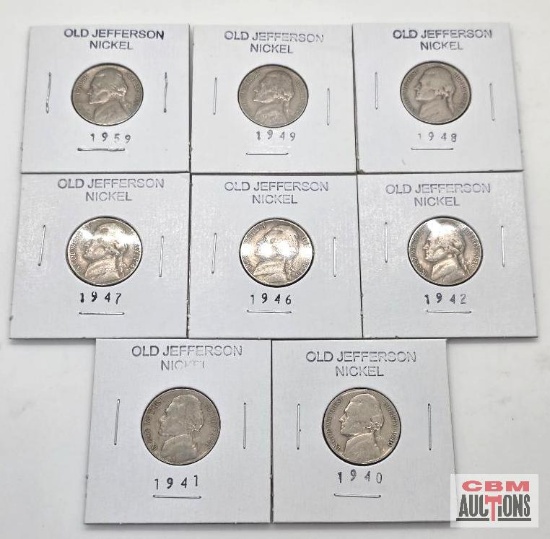 Old Jefferson Nickel, 1940, 1941, 1946 (Marked as a 1942 on the Card stock), 1946, 1947, 1948, 1949,