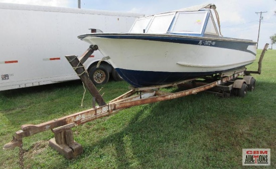 Vintage 18' Fiberglass Boat Hull With Tandem Axle Trailer Been Sitting In Building For Years