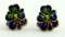 14KT GOLD DIAMOND BLUE GREEN ENAMEL PANSY STUD EARRINGS