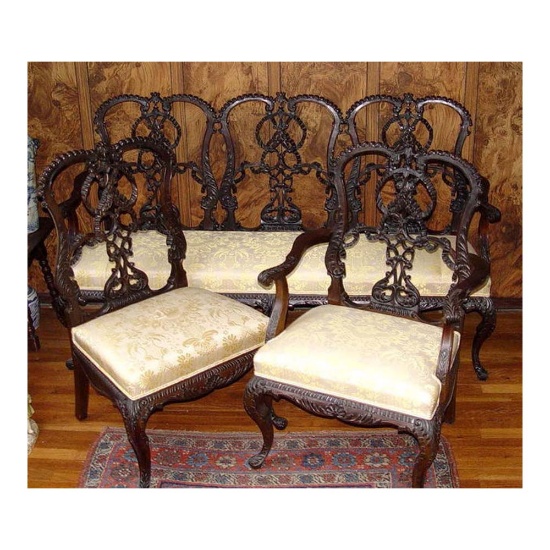 19TH CENTURY VICTORIAN CHIPPENDALE SETTEE ARMCHAIR BENCH CHAIR PARLOR SUITE