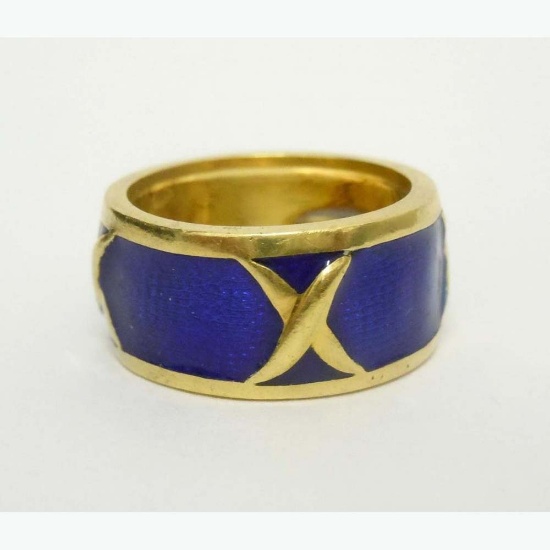 18KT GOLD BLUE GUILLOCHE ENAMEL X DETAIL MAVITO DESIGNER RING 750 18K