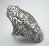 ART DECO PLATINUM 1.58 CT DIAMOND SAPPHIRE RING w/ COA, circa 1935,