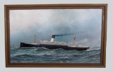 ANTONIO JACOBSEN OIL PAINTING OF THE SHIP ANTILLES 1909 HOBOKEN NJ