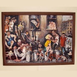 MULLER NYC STREET CORNER OIL PAINTING SOCIAL COMMENTARY