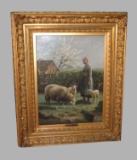 BEUL OIL PAINTING SHEEPHERDER W SHEEP  19c BELGIUM, oil on canvas signed H. D Beul 1884