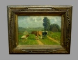 WILLIAM HENRY SNYDER COWS IN THE PASTURE OIL ON CANVAS PAINTING C.1880