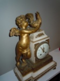 19C FRENCH BRONZE CHIMING MANTLE CLOCK ANGEL W/ ROOSTER