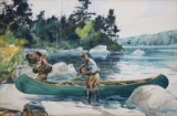 CARL IVAR GILBERT TWO MEN In CANOE MIXED MEDIA PAINTING