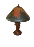 HANDEL REVERSE PAINTED, LUSH LANDSCAPE TABLE LAMP  C1920