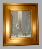 JOHANN BERTHELSEN NYC WINTER OIL PAINTING STREET IN WINTER 1939 RED CROSS AMERICAN FLAGS