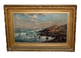 EDMUND DARCH LEWIS 1876 OIL PAINTING WAVES ROCKY COAST WITH YACHTS IN DISTANCE