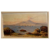 GIUSEPPE CARELLI OIL PAINTING MT VESUVIUS ERUPTION, GULF OF NAPOLI,