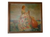 ETTORE CASER THE LUTE PLAYER OIL PAINTING YOUNG GIRL SEATED SAILBOA